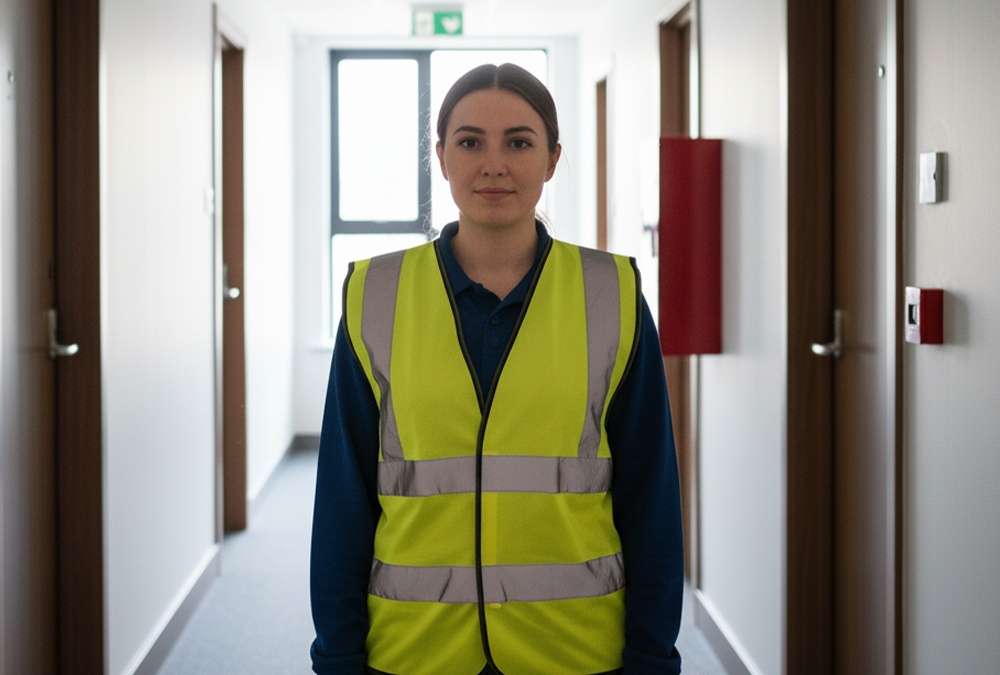 Woman in High Vis Vest in a Corridor